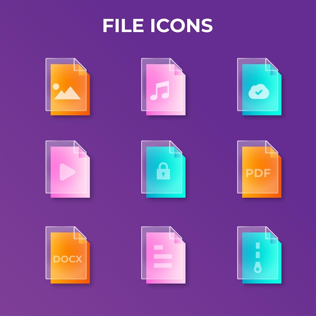 Vector gradient glassmorphism file icon pack