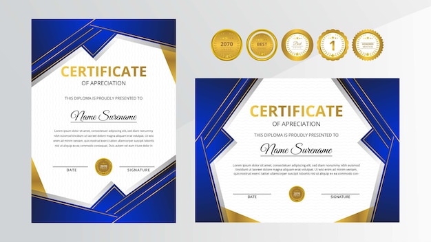 Vector gradient golden and blue luxury certificate with gold badge set for award business and education