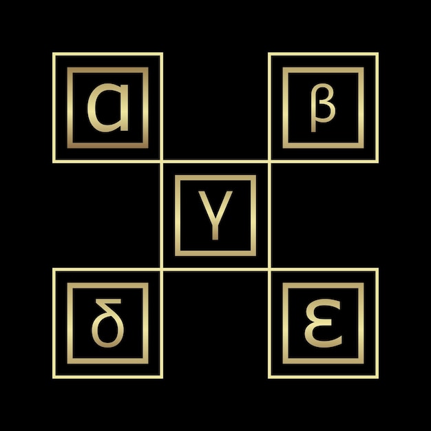 Vettore lettera greca dorata gradiente in quadrato con sfondo nero