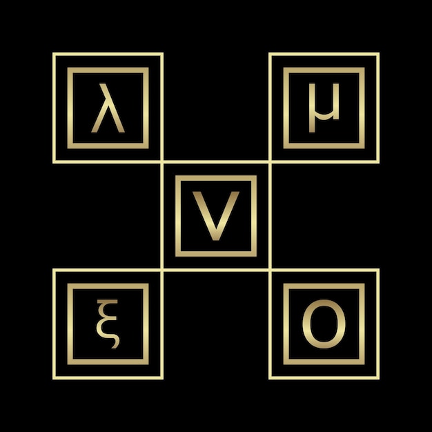 黒の背景に正方形のグラデーションの金色のギリシャ文字