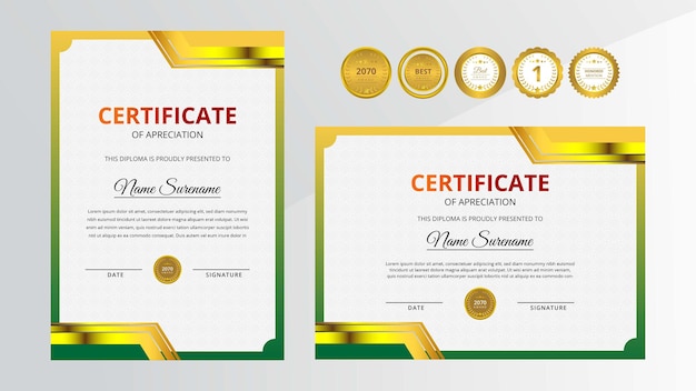 Vector gradient golden and green luxury certificate with gold badge set for award business and education