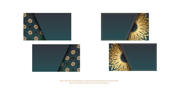 Градиентная зеленая визитка со старинными золотыми украшениями для вашего бизнеса.