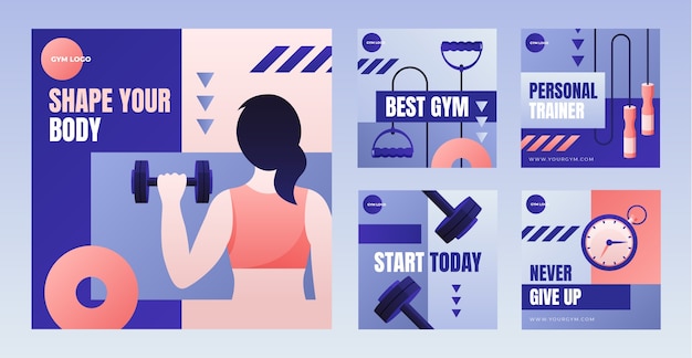 Vector gradient gym training and exercise instagram posts collection