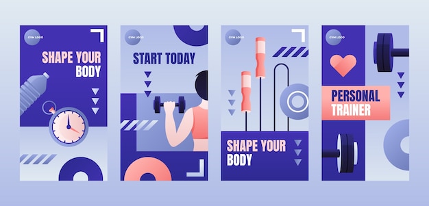 Vector gradient gym training and exercise instagram stories collection