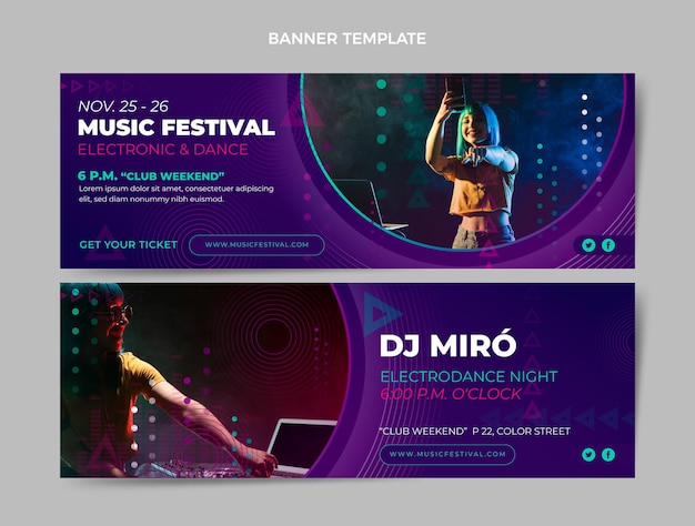 Vector gradient halftone music festival horizontal banners