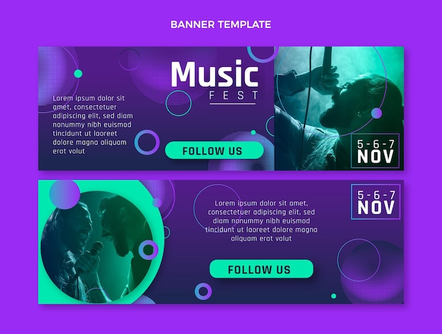 Vector gradient halftone music festival horizontal banners