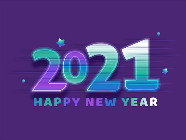 Gradient happy new year text with glossy stars on purple background.