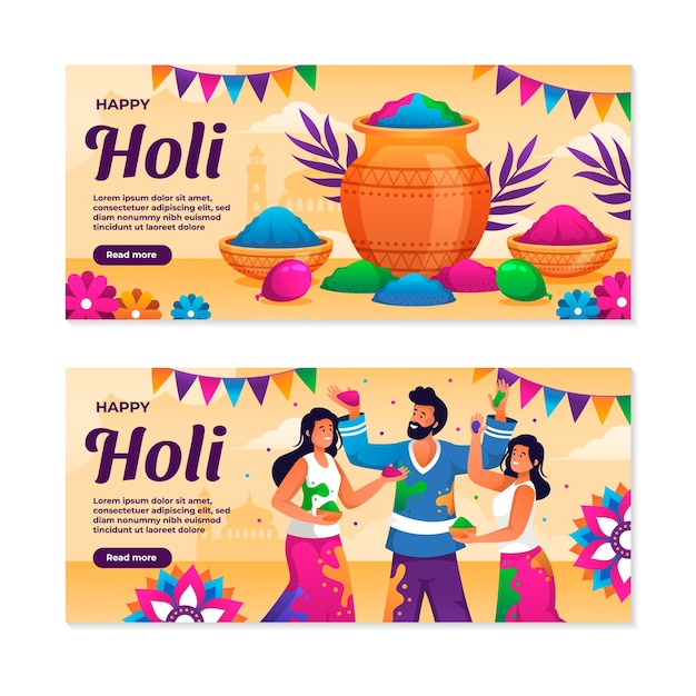 Gradiënt holi horizontale banner sjabloon set collectie met mensen en kleurrijk poeder