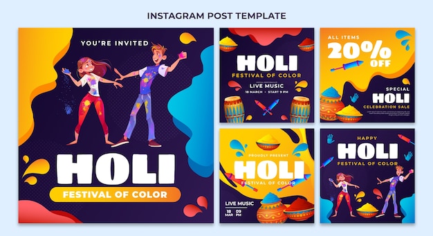 Vector gradient holi instagram posts collection