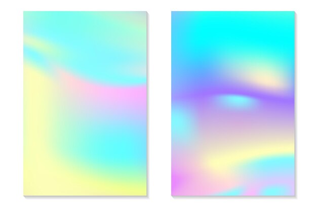 Vector gradient hologram backgrounds. set of colorful holographic posters in retro style. vibrant neon pastel texture. vector gradient template for flyer, banner, mobile screen.