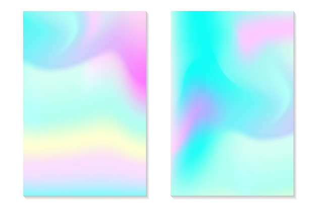 Gradient hologram backgrounds. set of colorful holographic posters in retro style. vibrant neon pastel texture. vector gradient template for flyer, banner, mobile screen.