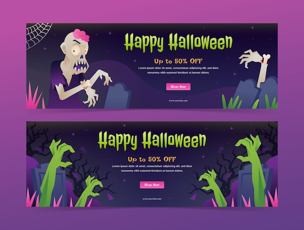 Vettore modello di banner orizzontale sfumato per la celebrazione della stagione di halloween