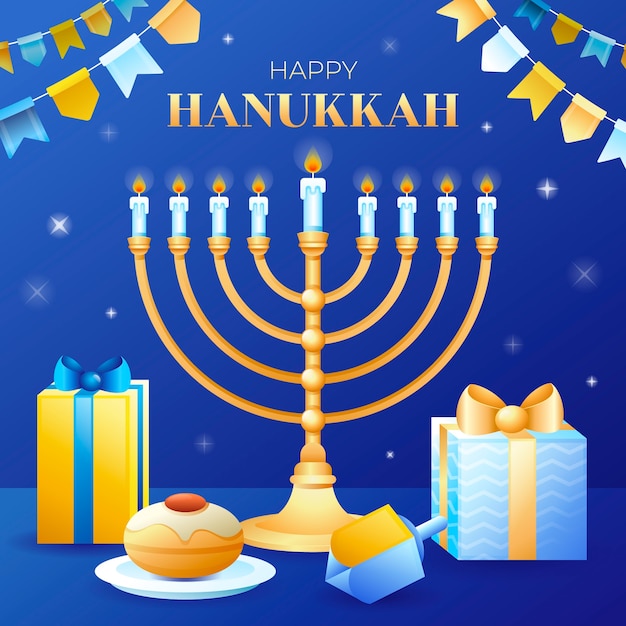 Vettore illustrazione sfumata per la celebrazione di hanukkah con menorah e regali