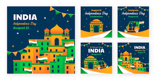 Vector gradient india onafhankelijkheidsdag instagram posts collectie