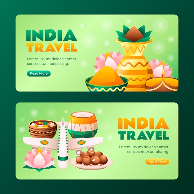 Vector gradient india travel horizontal banner template set collection with indian elements