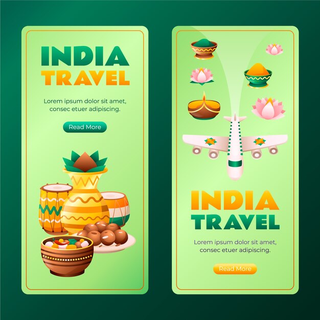 Gradient india travel вертикальный баннер шаблон набор коллекции с индийскими элементами