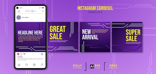 Gradient instagram carousel template with smartphone