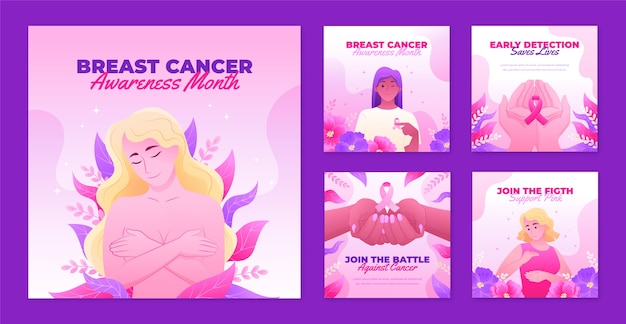 Vector gradient instagram posts collection for breast cancer awareness month