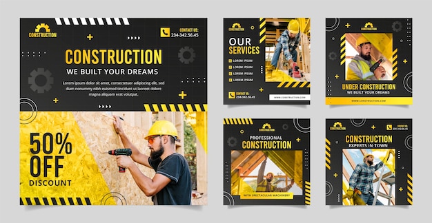 Vector gradient instagram posts collection for construction domain