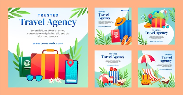 Vector gradient instagram posts collection for travel agency business