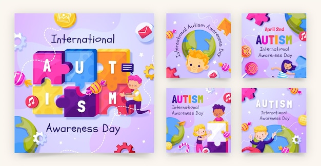 Gradient instagram posts collection for world autism awareness day