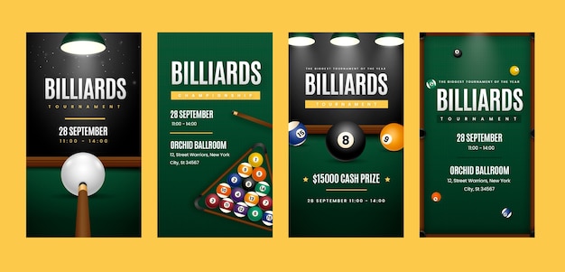 Vector gradient instagram stories collection for billiards and pool club