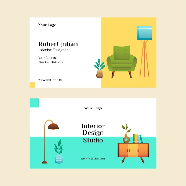 Vector gradient interior design and home decor horizontal business card template