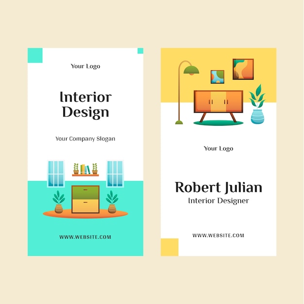 Vector gradient interior design and home decor vertical business card template