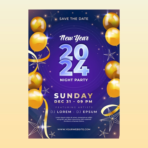 Gradient invitation template for new year 2024 with golden balloons