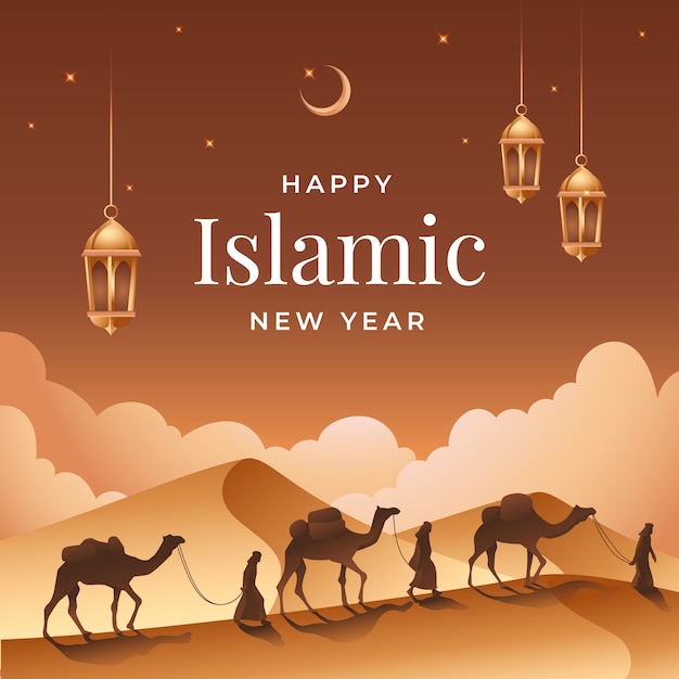 Vector gradient islamic new year illustration with people and camels in the desert