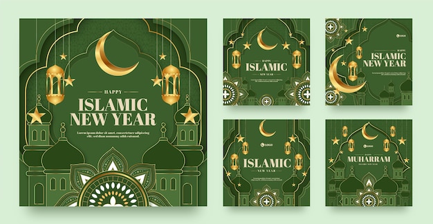 Gradient islamic new year instagram posts collection with lanterns and crescent moon