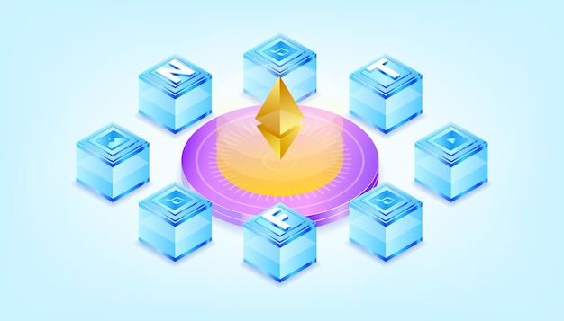 Vector gradient isometric nft machine. crypto art non fungible token machine illustration.