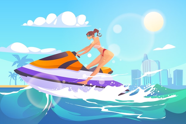 Gradiënt jet ski illustratie met vrouw