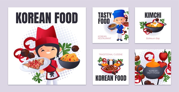 Gradiënt koreaans restaurant instagram posts set