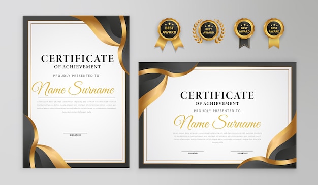 Vector gradient luxury black and gold achievement certificate with gold badges design template for business and education needs