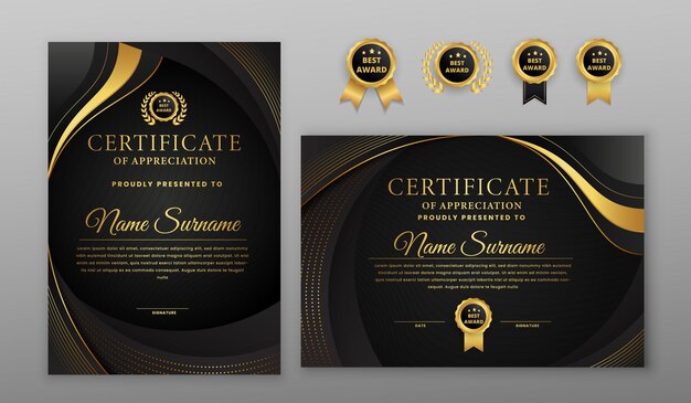 Vector gradient luxury black and gold certificate of achievement with badge and border in a4 size template