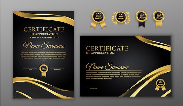 Vector gradient luxury elegant certificate with gold badges of achievement for educational or corporate template