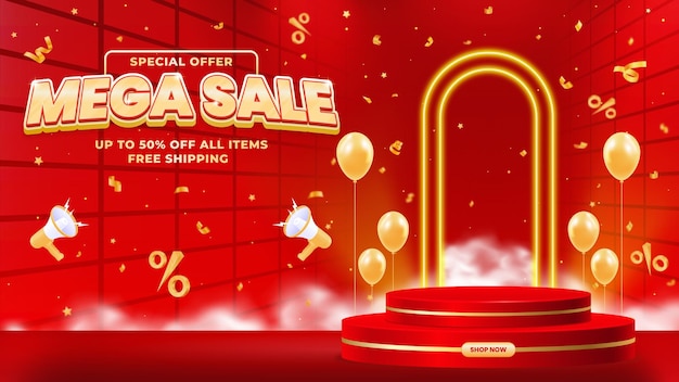 Gradiënt mega sale banner ontwerp sjabloon met podium geïsoleerd op abstracte achtergrond
