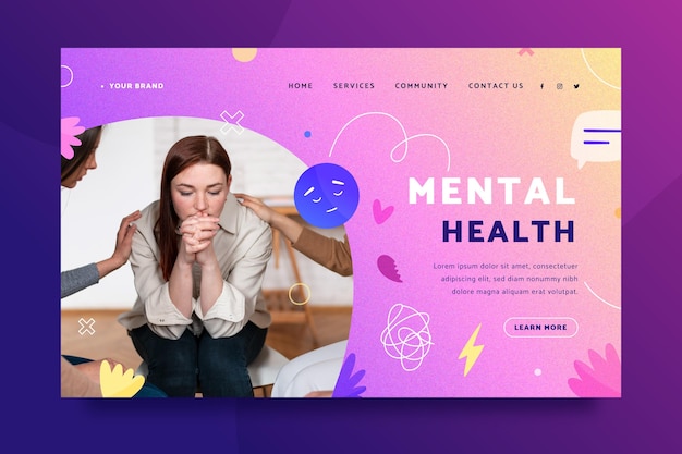 Vector gradient mental health landing page template with photo