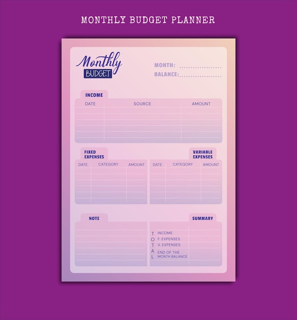 Gradient monthly budget planner template