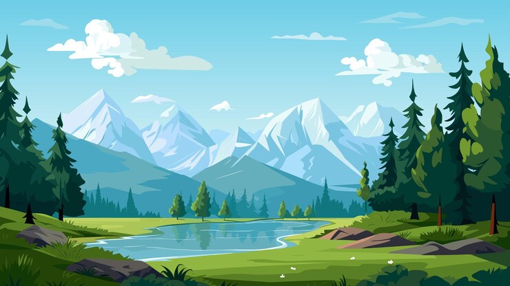 Vector gradient nature illustration of lake scenery with many trees