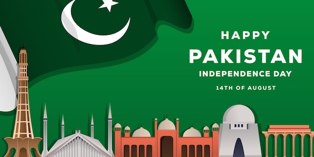 Gradiënt pakistaanse onafhankelijkheidsdag met pakistan landmark en pakistaanse vlag