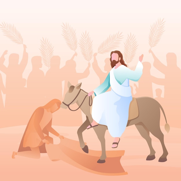 Градиентная иллюстрация вербного воскресенья с иисусом и ослом