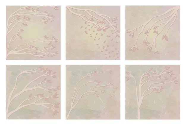 ベクトル 春の背景コレクションの手描きの木の枝とグラデーション パステル水彩