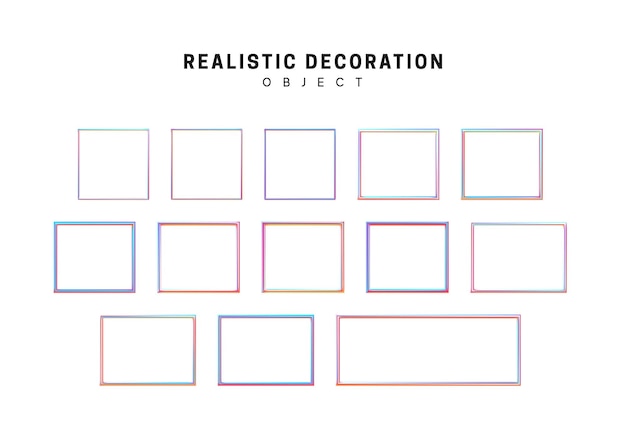 Gradient pink and blue geometric shapes. Decorative design elements isolated white background. 3d objects shaped linear rectangle, square, frame border. Realistic vector illustration.