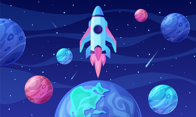 Gradient planets and rocket composition background