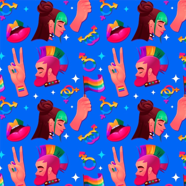 Vector gradient pride month pattern background with characters and symbols