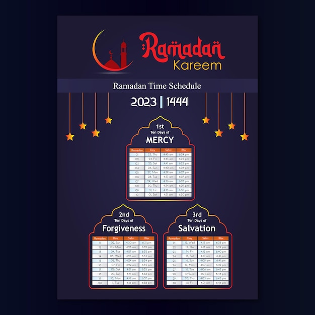 Vettore progettazione del modello di calendario del programma del ramadan sfumato