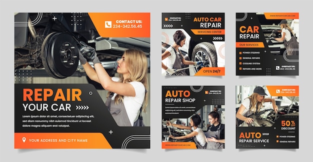 Vector gradient repair shop business instagram posts collection