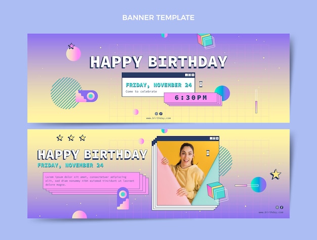 Vettore banner orizzontali di compleanno retrò vaporwave sfumato